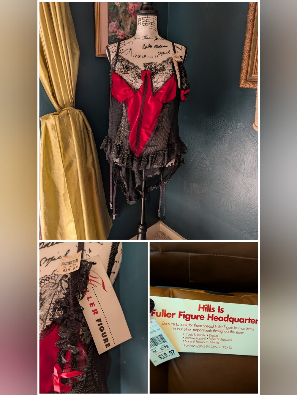 VTG 80s Hills Fuller Figure Red Satin Black Lace Corset Teddy Garter 3X NWT USA